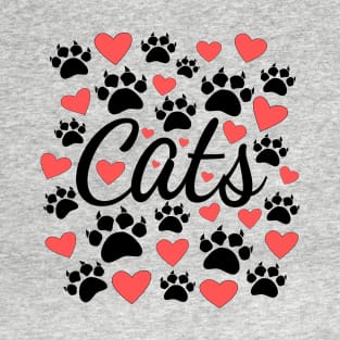 Cat Paws And Red Hearts Typography T-Shirt